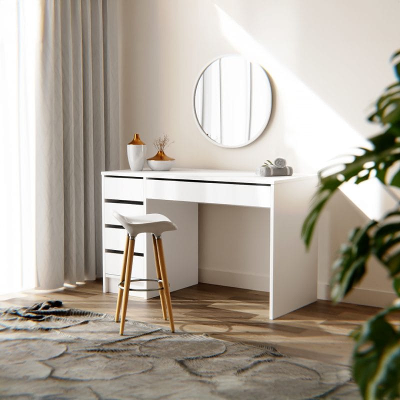 Fotorealistyczna wizualizacja 3D białej toaletki z lustrem, ustawionej w jasnym, nowoczesnym pokoju