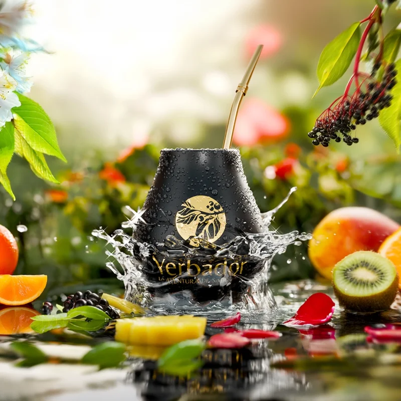 Dynamiczna wizualizacja 3D kubka Yerbador Mate z efektem rozprysku wody, owocami i naturalnym tłem premium do reklamy produktu i ecommerce.