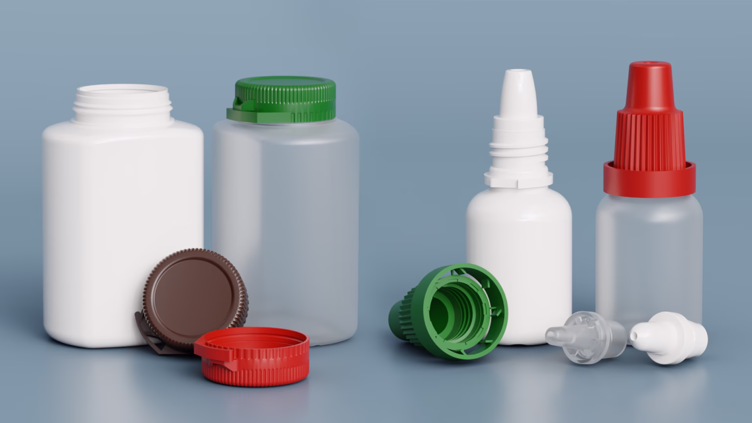 plastikowe opakowania farmaceutyczne z różnymi zakrętkami i dozownikami