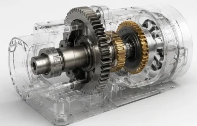 Animacje działania urządzeń i mechanizmów 3D Animacja działania mechanizmu 3D z transparentną obudową i widocznymi przekładniami