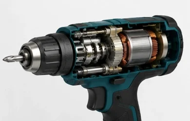 Budowa urządzeń w wizualizacji technicznej 3D Przekrój techniczny wiertarki elektrycznej pokazujący budowę urządzenia i silnik