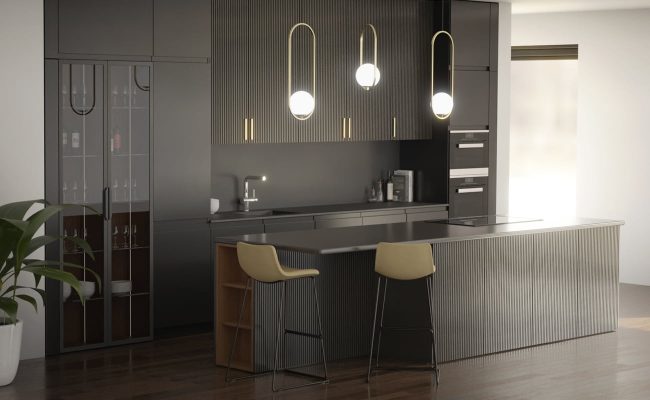 Wizualizacja nowoczesnej kuchni w ciemnej kolorystyce z pionowymi frezowaniami, wyspą kuchenną, trzema designerskimi lampami wiszącymi oraz dwiema hokerami przy blacie.