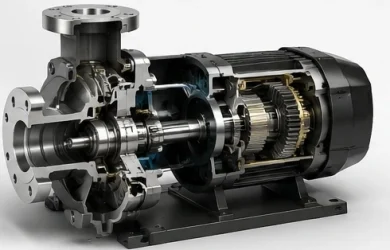 Przekroje techniczne produktów i urządzeń 3D Fotorealistyczny przekrój techniczny pompy przemysłowej wykonany w 3D