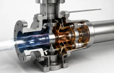 Przepływy mechanizmów i symulacje działania 3D Wizualizacja przepływu cieczy wewnątrz mechanizmu przemysłowego w przekroju 3D