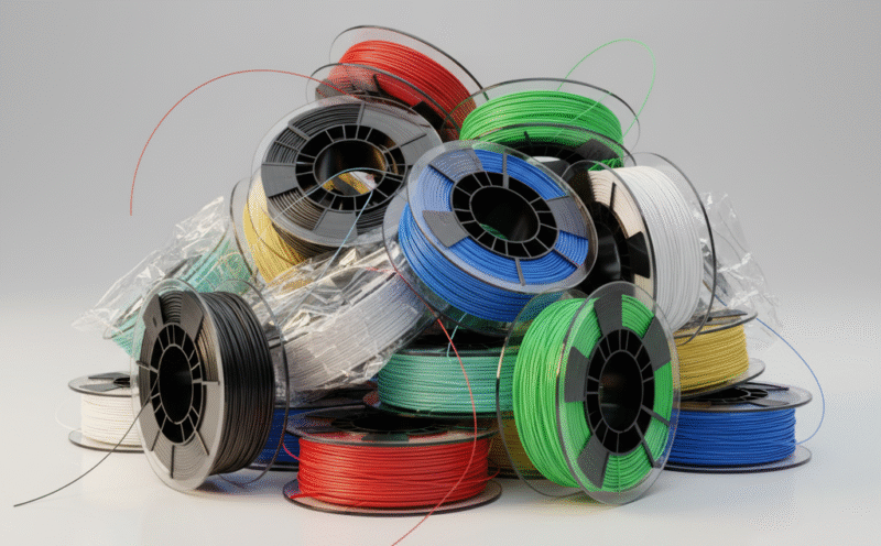 Stos kolorowych filamentów do drukarek 3D na czarnych szpulach, w barwach takich jak czerwony, zielony, niebieski, żółty, biały i czarny, ułożonych na neutralnym tle.