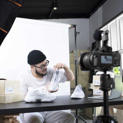 Mężczyzna w studiu fotograficznym prezentuje biały but sportowy przed kamerą na statywie, w otoczeniu oświetlenia studyjnego, laptopa i pudełek z obuwiem.