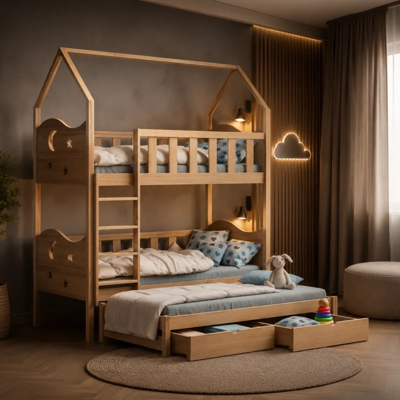 Fotorealistyczna wizualizacja 3D drewnianego łóżka piętrowego dla dzieci w nowoczesnym wnętrzu z nastrojowym oświetleniem i aranżacją premium.