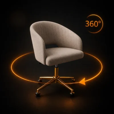Wizualizacja 3D fotela obrotowego z prezentacją produktu 360 stopni na ciemnym tle premium