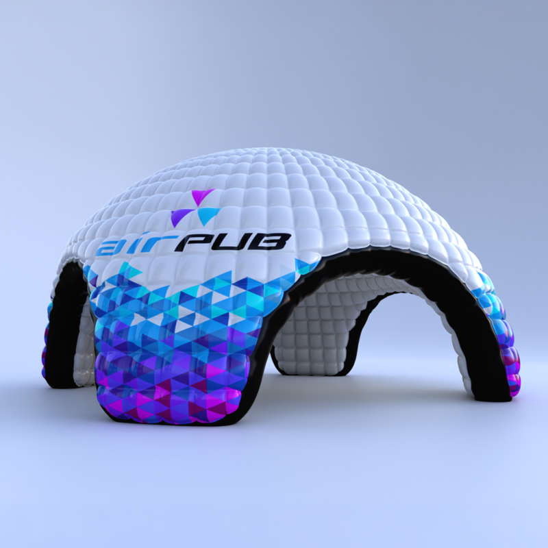 Render namiotu pneumatycznego w kształcie kopuły IGLO AIRPUB, z białą powierzchnią i kolorowym geometrycznym wzorem w odcieniach niebieskiego, fioletu i różu.