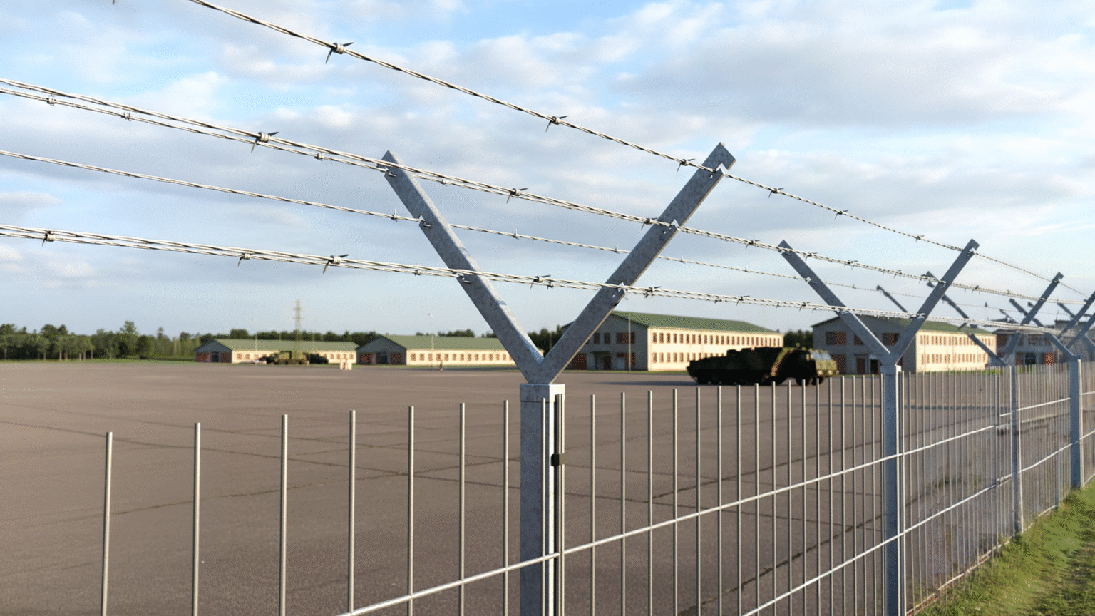 Ogrodzenie z drutu ostrzowego na metalowych słupkach przy zabezpieczonym terenie wojskowym z budynkami i pojazdami w tle