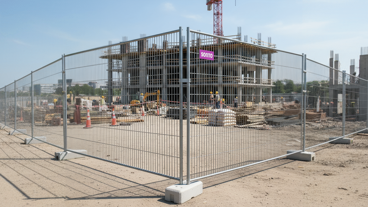 Tymczasowe ogrodzenie budowlane SONTO z paneli stalowych na placu budowy z powstającym budynkiem i pracownikami w tle