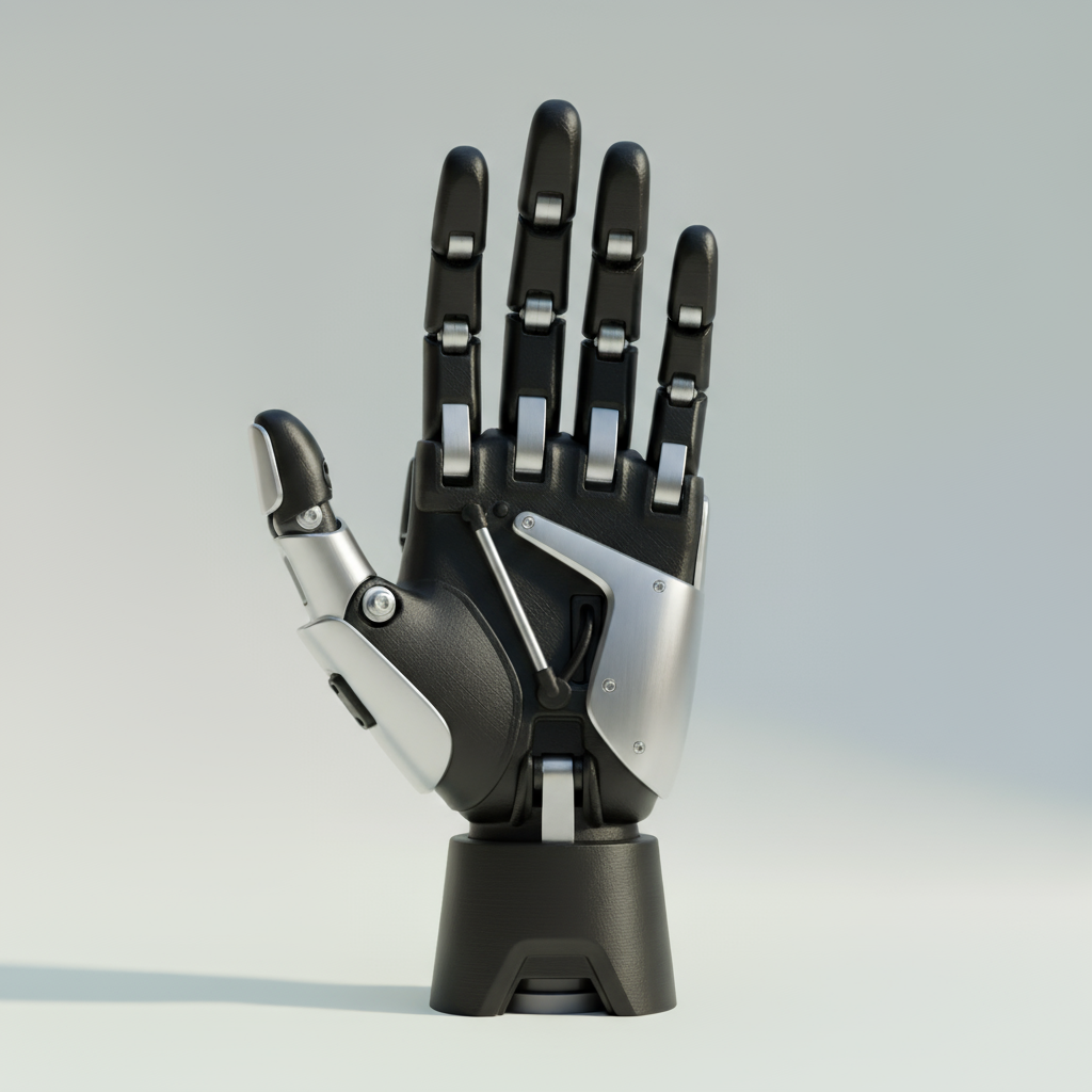 Nowoczesna proteza dłoni w kolorze czarnym i srebrnym, z realistycznymi przegubami i mechanizmem złączonym w nadgarstku, przedstawiona jako szczegółowy model 3D o futurystycznym wyglądzie.