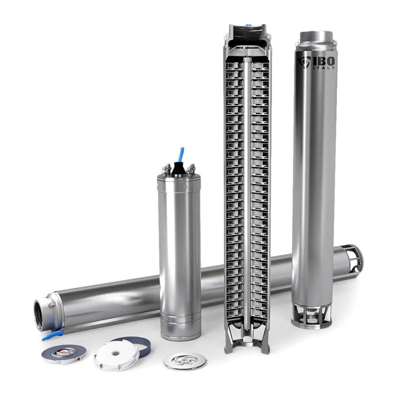 Wizualizacja pompy głębinowej IBO z widocznym przekrojem obudowy, pokazującym wewnętrzne wirniki i układ hydrauliczny oraz elementy montażowe rozłożone na pierwszym planie.