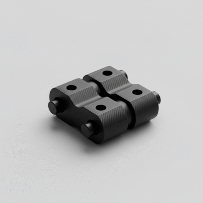 Czarny, precyzyjny wydruk 3D przedstawiający złączkę techniczną z czterema otworami montażowymi i zaokrąglonymi krawędziami, wykonany z matowego tworzywa o strukturze warstwowej.