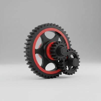 Trzy współpracujące koła zębate w kolorach czarnym i czerwonym, zaprojektowane i wydrukowane w technologii 3D jako model przekładni mechanicznej.